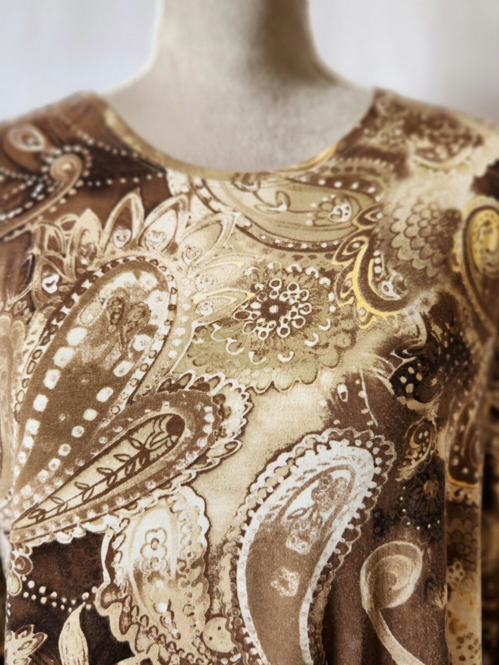 Chico's Women's Size 2/12-14 (L) Brown Paisley Print 3/4 Sleeve Round Neck Top - Picture 3 of 14